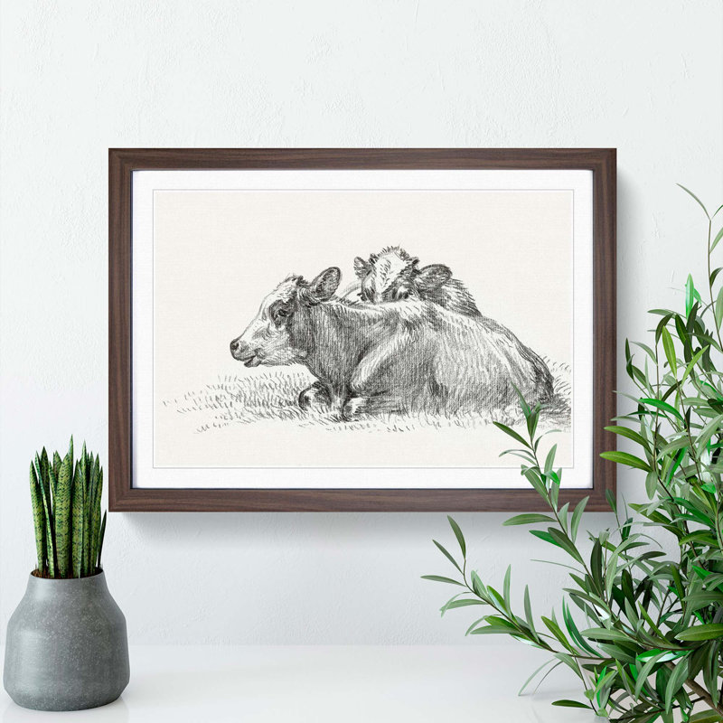 Two Lying Cows by Jean Bernard - Framed Print, 48cm H x 65cm W x 2cm D, Walnut Framed