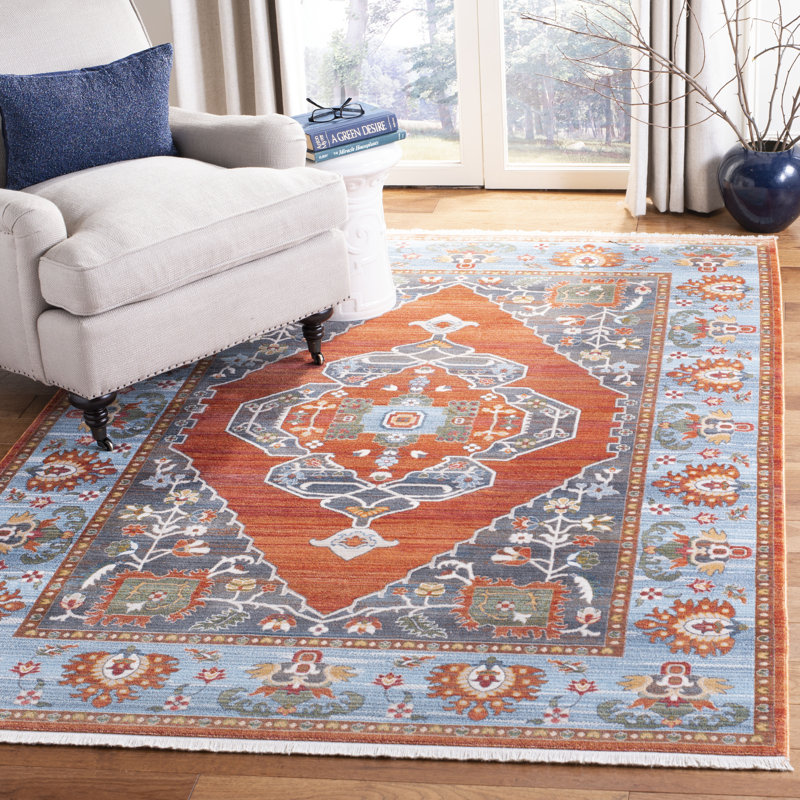Tapis rouille / bleu en coton persan Preble, Rectangle 5 pi x 7 pi 6 po