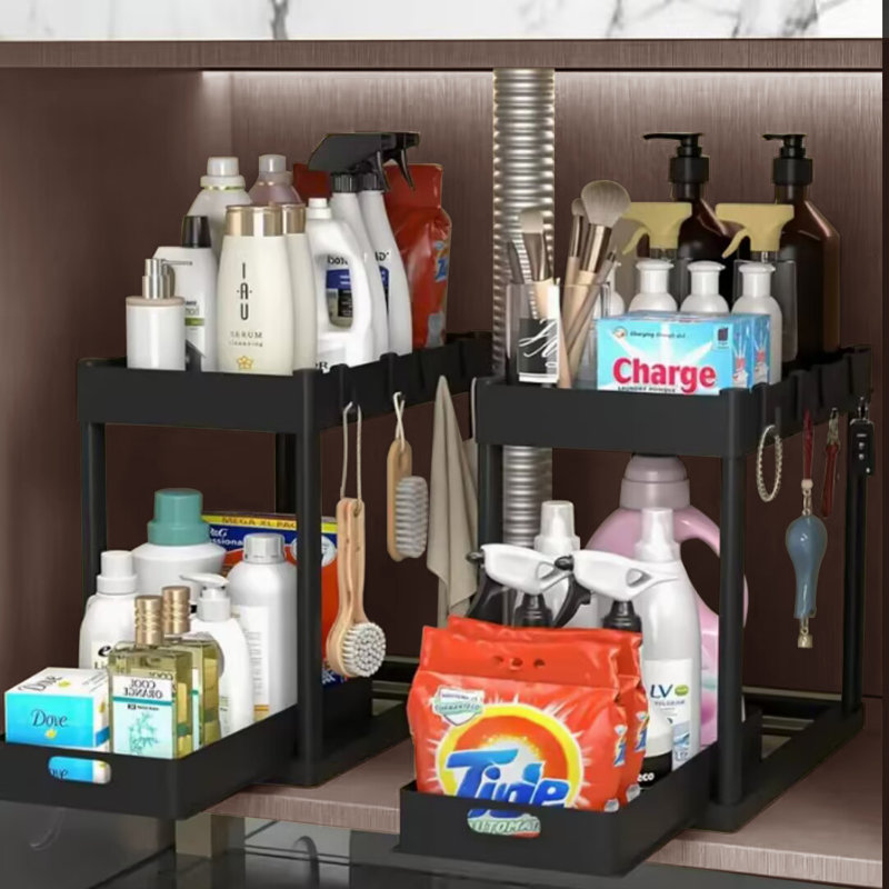 Support de rangement coulissant pour évier de cuisine avec tiroir coulissant en métal pour tiroirs pratiques et pratiques pour la cuisine et la salle de bain