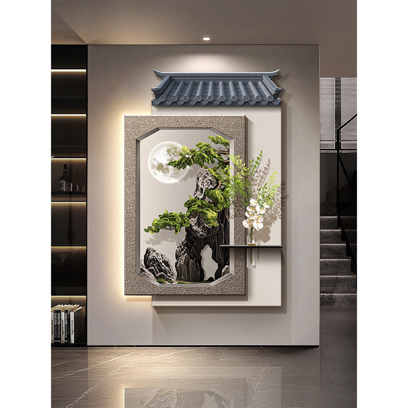 New Chinese-Style Sandstone Hydroponic Green Plant Display With Illuminated Murals, 41.34" H x 27.56" W x 1.57" D