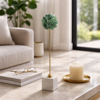 Elegant Metal Orb Statue with Stone Base for Home Decor - Modern Sculpture Object Accent for Office Styling or Living Room Decoration - Green & Gold