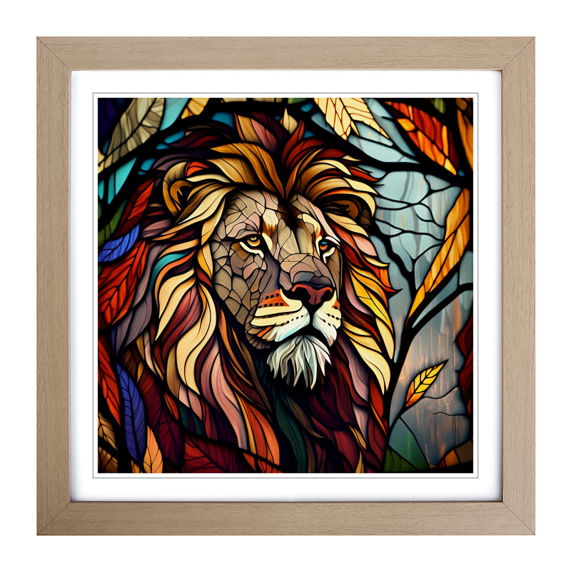 Lion Stained Glass Effect - Framed Print, Oak