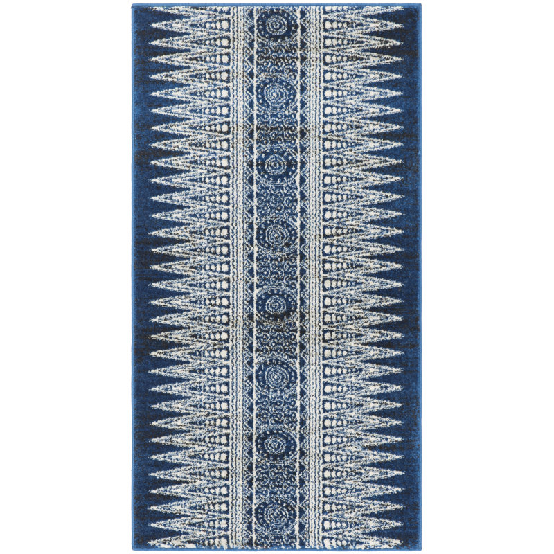 Tapis géométrique bleu royal / ivoire Allard, Rectangle 2 pi 2 po x 4 pi