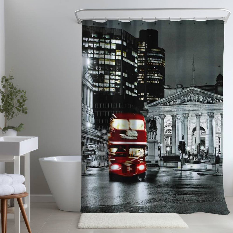 Grayscale Pantheon – Red Bus – Polyester Shower Curtain, Dye Sublimation Print, 71" W × 74" L