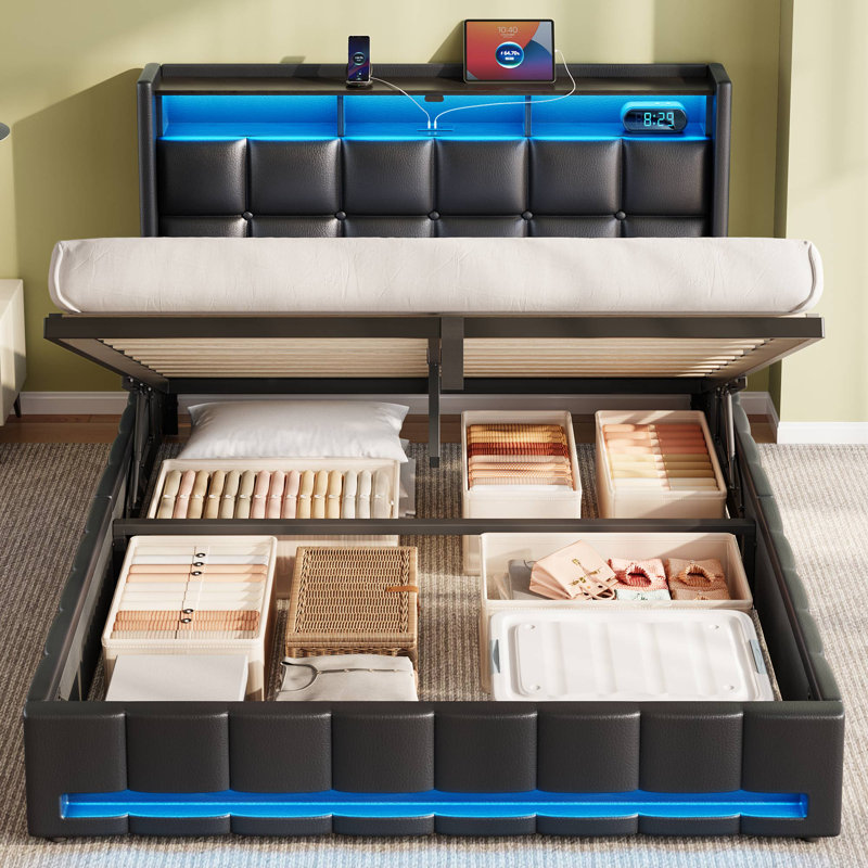 Jilissa Upholstered Bookcase Lift Up Storage Bed with Charging Station and RGB LED Lights, Black, Queen