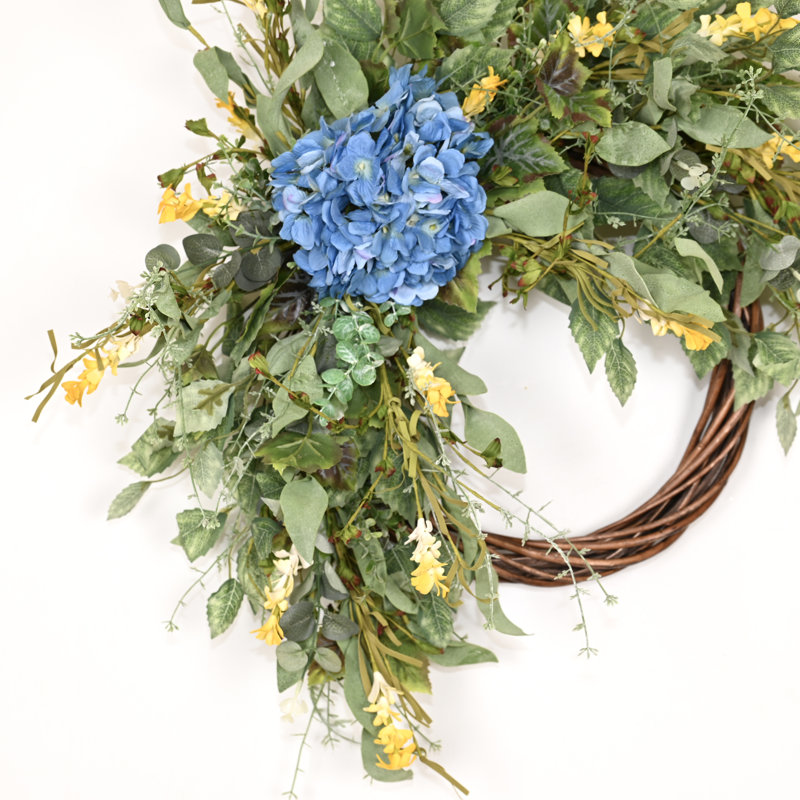 Couronne d'hortensia fabriquée à la main 24 po pour porte d'entrée, Bleu / vert