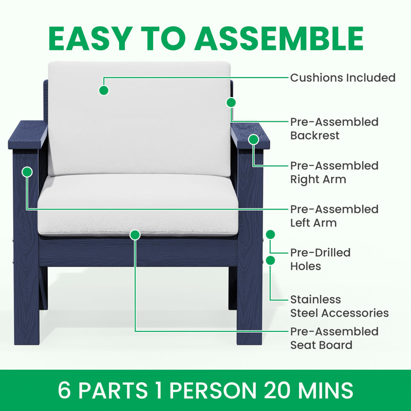 HDPE 2 - Person Outdoor Seating Group With Cushions, Navy, Khaki
