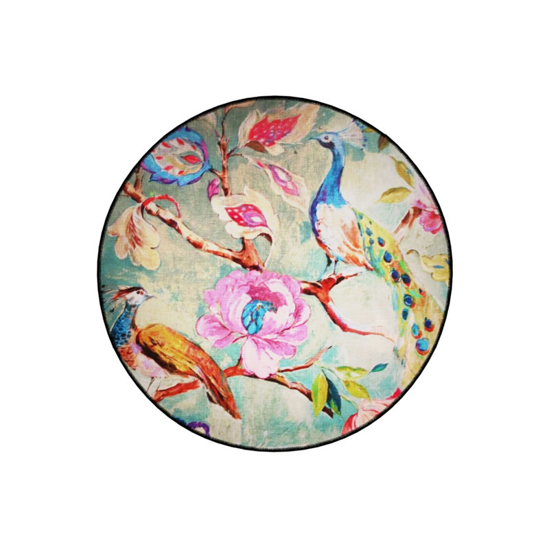 Multicolored Peacock Detailed Woven Base Modern Decorative Carpet, Round 2'8"