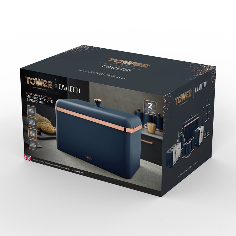 Tower Cavaletto Bread Bin with Removable Lid, Large Capacity and Durable Steel Body, Midnight Blue
