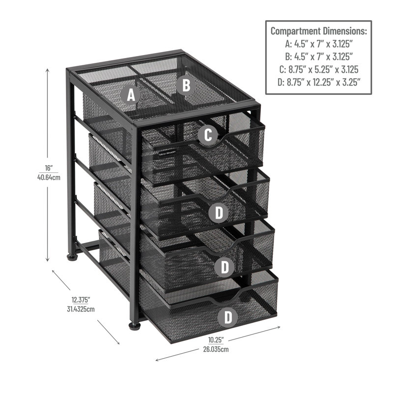 Metal Mesh Desktop File Storage Drawers Organizer - 10.25"L X 12.375"W X 16"H, Black