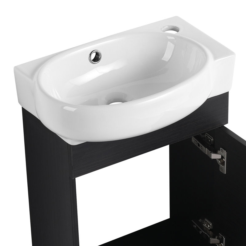 Meuble-lavabo mural 16 po avec lavabo en céramique, Noir châtaignier, Doré