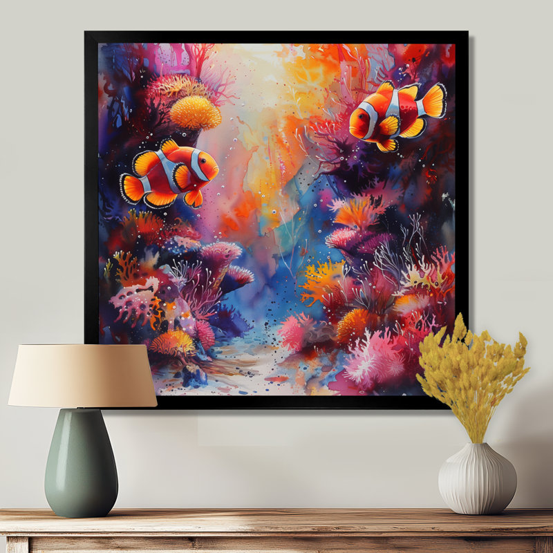 Orange, rose, poisson clown, corail, marine majestueuse - art mural de mur de corail, salon, Encadrement argenté
