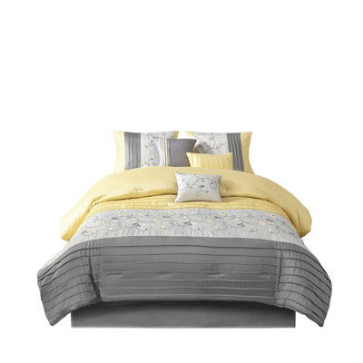 Ensemble d'édredon pour grand lit jaune brodé 7 pièces - Literie de style transitionnel élégant avec coussins décoratifs et taies décoratives