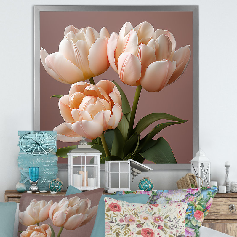 Tulipes douces aux tons neutres, tranquillité, Cadre simple argenté, H 30 po x l 30 po x P 1 po