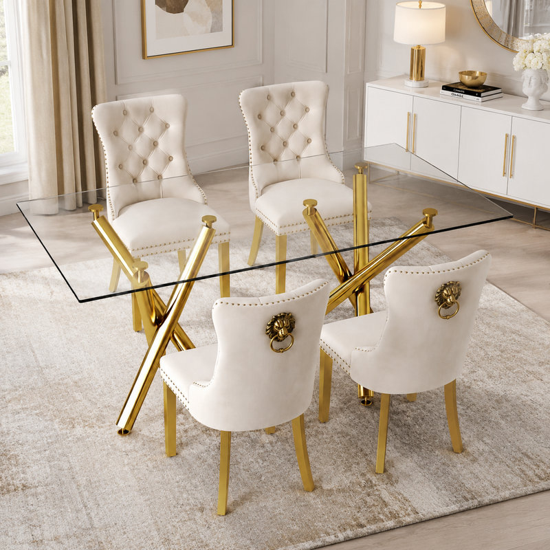 Table de salle à manger rectangulaire contemporaine en verre avec double piétement en X