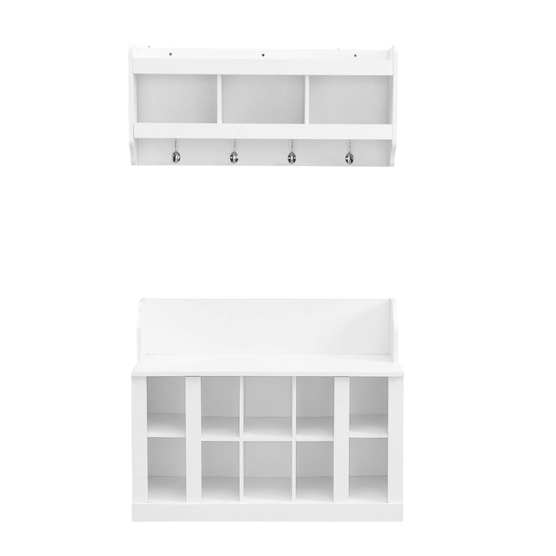 Shoe Storage Bench With Shelves And 4 Hooks, Elegant Hall Tree With Wall Mounted Coat Rack, Entryway Organizer For Hallway, Foyer, Mudroom
