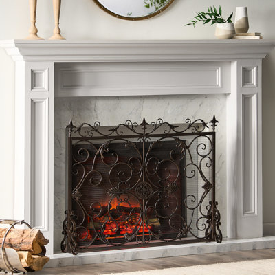 Iron Fireplace Screen - Ornate Design, Leaves An Impression On Black And Gold Stylish Golden Hue