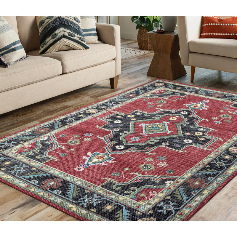 Lyanne Washable Non-Slip Red Area Rug, Rectangle 5'3" x 6'9"
