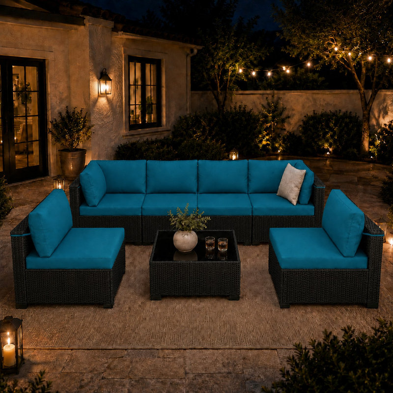 Ensemble de conversation d'extérieur modulaire en rotin 7 pièces avec coussins - noir / bleu, Black/Blue