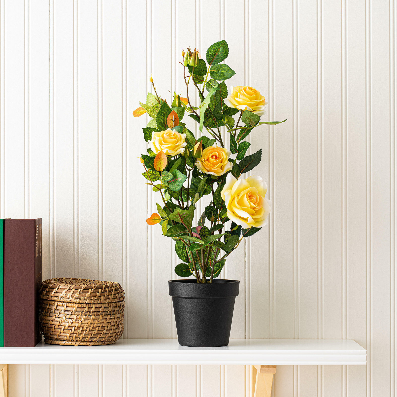 21" Artificial Yellow Rose Plant in Pot, Yellow