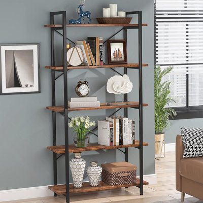 5-Tier Rustic Brown Industrial Metal Bookshelf Unit