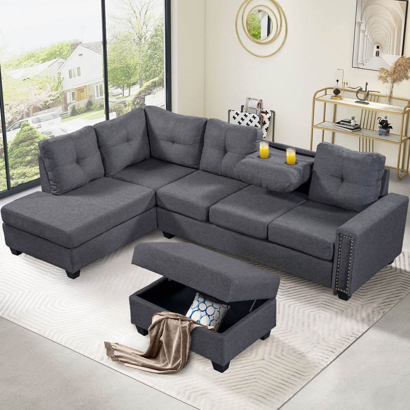 Orisfur. Reversible Sectional Sofa Space Saving With Storage Ottoman Rivet Ornament L-Shape Couch For Large Space Dorm Apartment