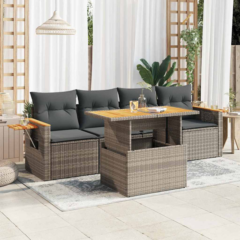 Ensemble de canapé de jardin 5 pièces avec coussins en rotin polyacacia, Gris foncé / Gris