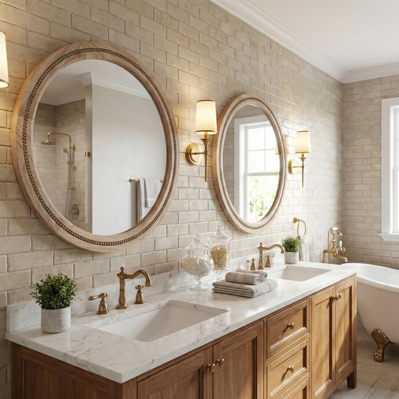 Solid Wood Round Decorative Wall Mirror, Natural Wood, 36" x 36"