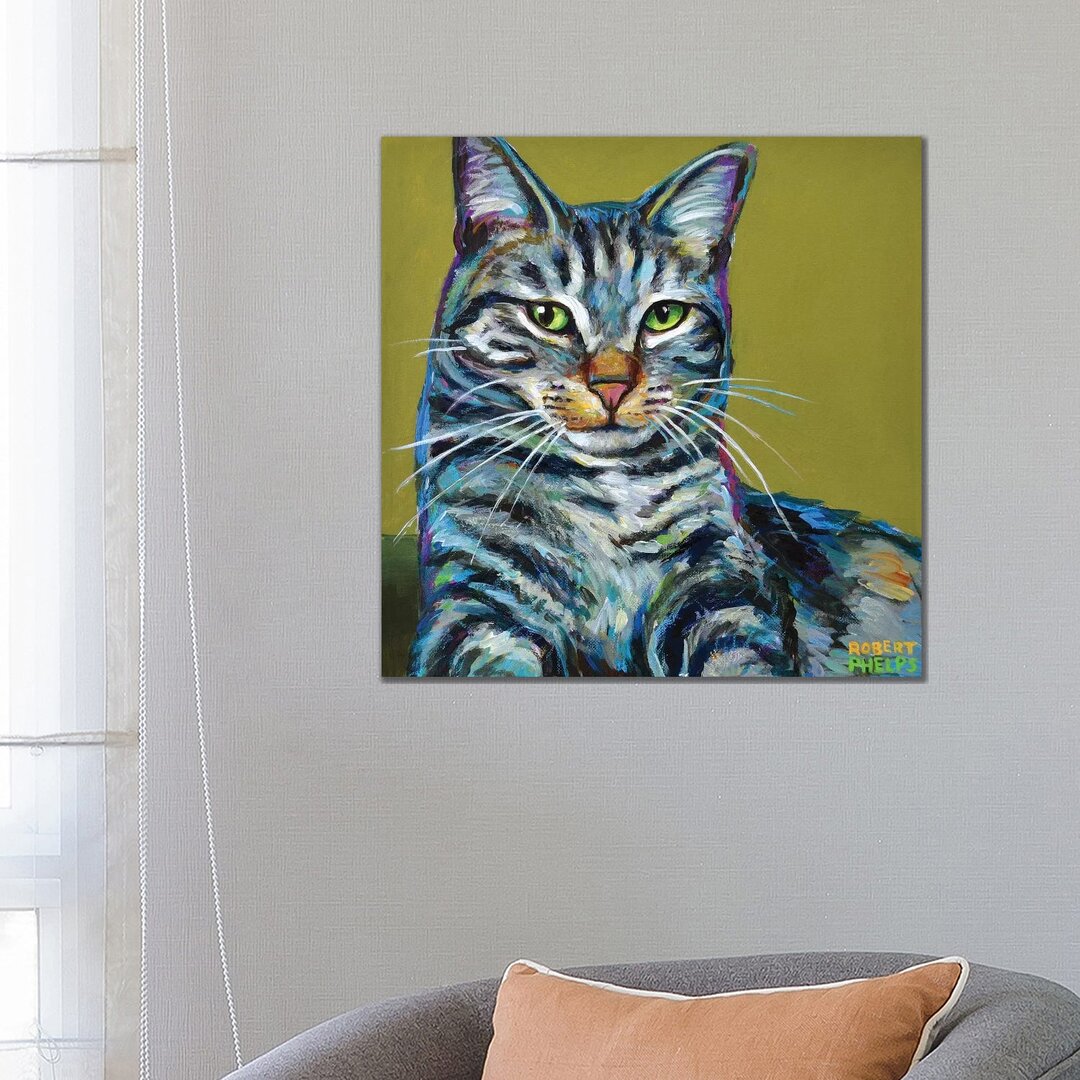 Gestreifte Tabby auf Grün von Robert Phelps - Galerie-verpackte Leinwand Giclée auf Leinwand