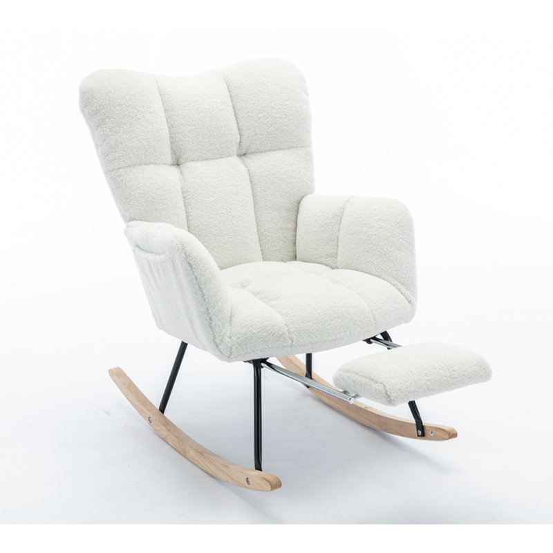 Chaise berçante en tissu avec repose-pieds Teddy, Ivoire ivoire