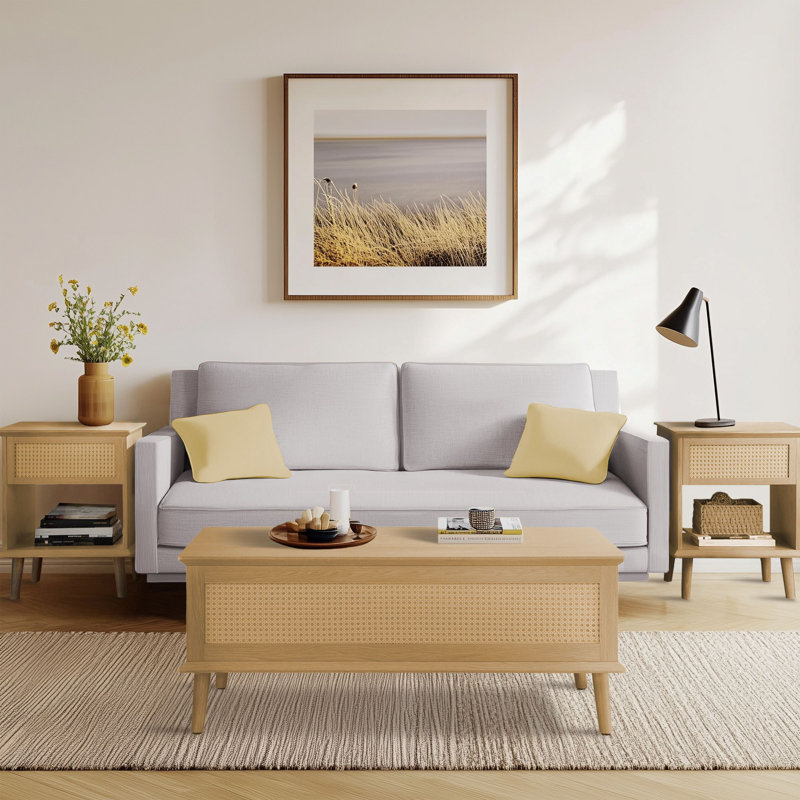 Rattan Drawer Nightstand End Table Set of 2  with Built-in Charging Station and LED light for Bedroom Living Room 