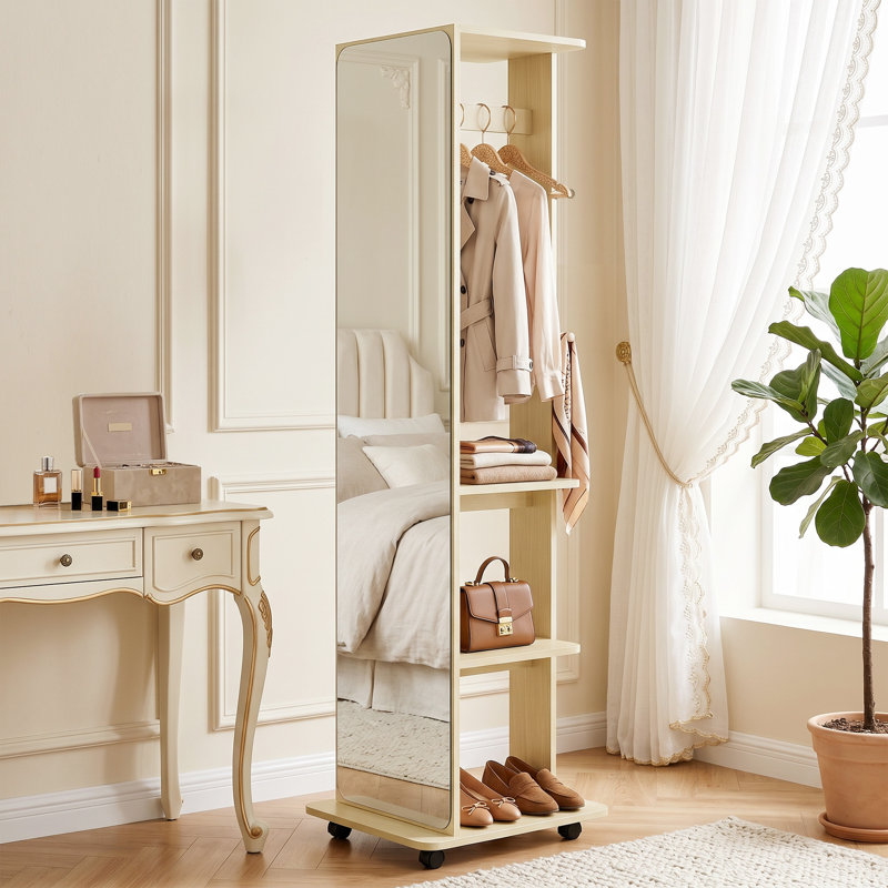 Miroir pleine grandeur, miroir en verre trempé roulant, bois naturel
