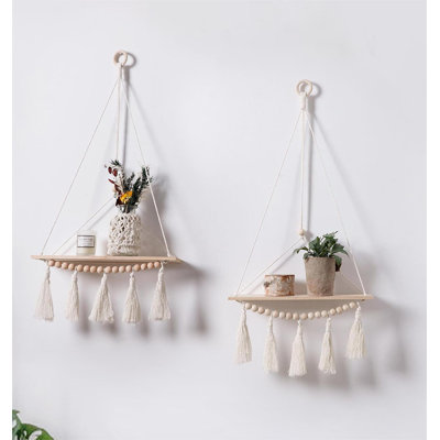 Tablette murale Macrame, ensemble de 2 tablettes en bois Boho, pampille blanche
