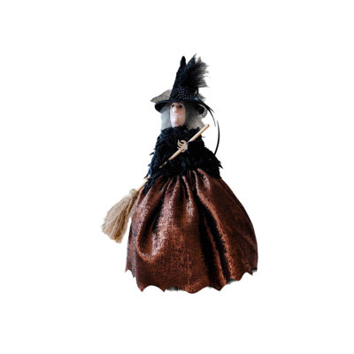 Halloween Witch With Broom Ornament, Fabric Decorative Apron For Festive Holiday Party, Brown