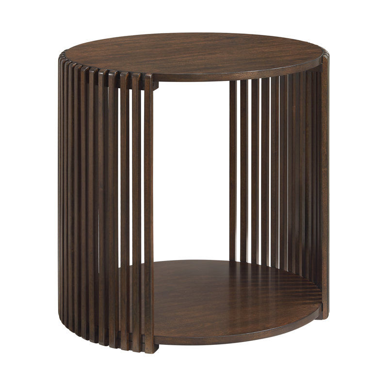 Table de bout ronde à lattes en bois avec tablette ouverte Estie, Espresso