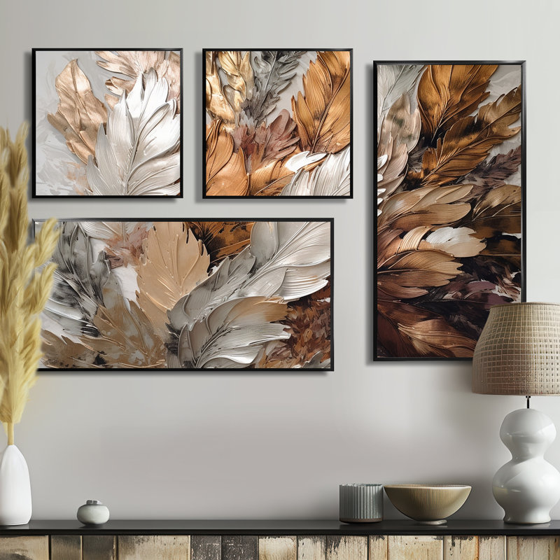 «Feather Extravaganza IV - Floral Glam Feather», reproduction d'art sur toile 4 pièces, Noir