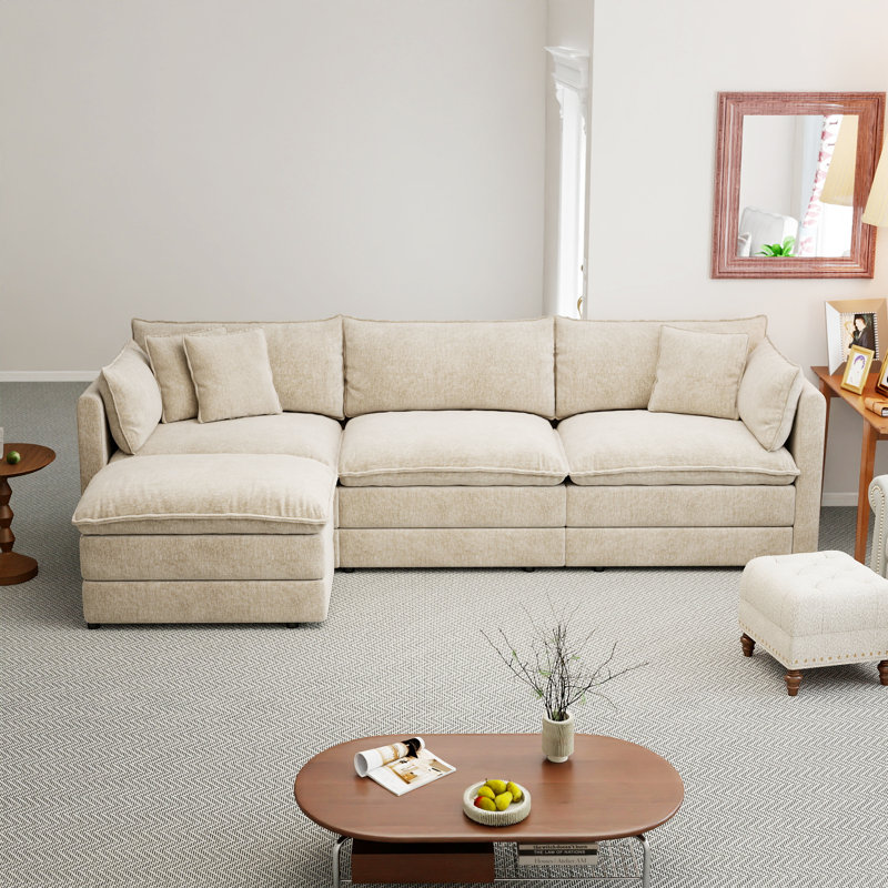  Canapé modulaire en L modulaire en forme de L avec repose-pieds, canapé en chenille à 4 places avec coussin pour le salon