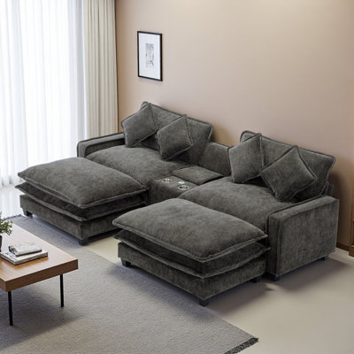 Canapé modulaire en chenille de 111 po avec deux repose-pieds amovibles, deux ports USB, deux porte-gobelets et une grande boîte de rangement pour le salon
