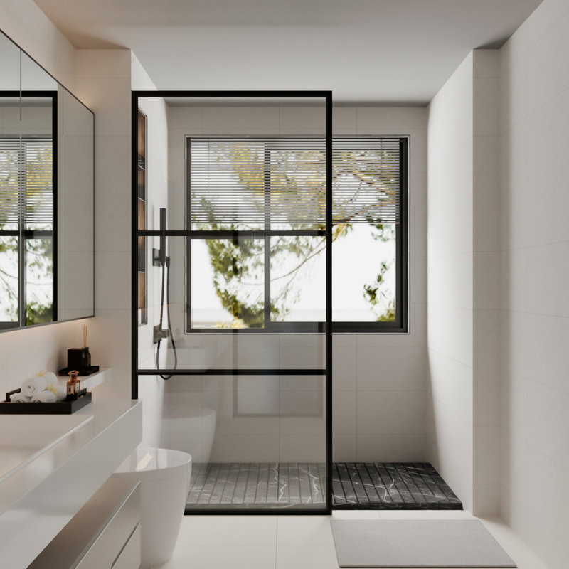 34" W x 72" H Fixed Framed Shower Screen, Thick Tempered Safety Glass Panel For Shower, Matte Black Finish