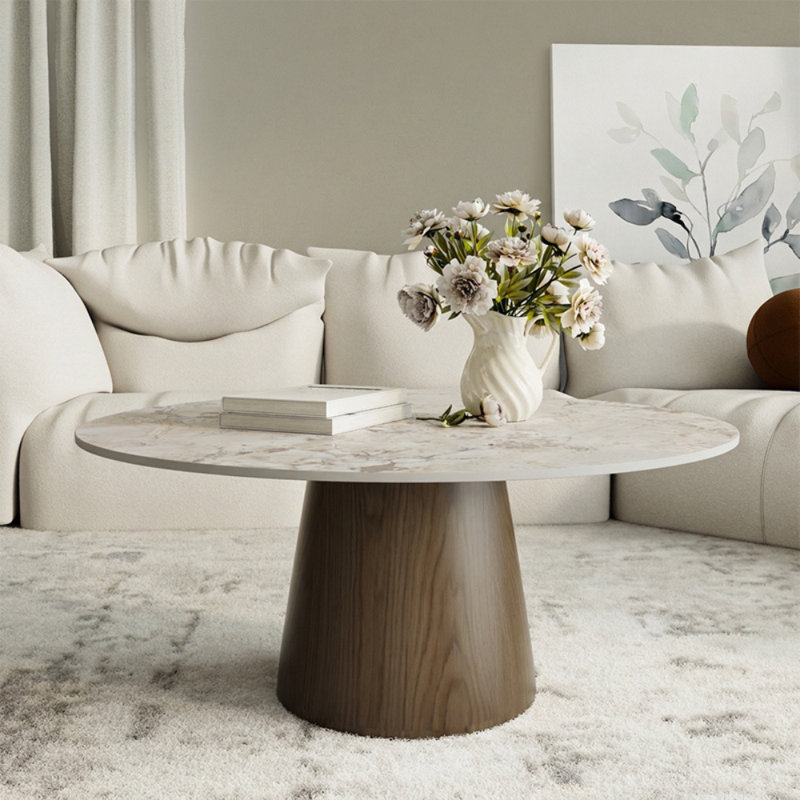 Table basse ronde en pierre et table basse en bois, H 17,44 po x L 41,73 po x l 41,73 po, Blanc pur, Dark Walnut