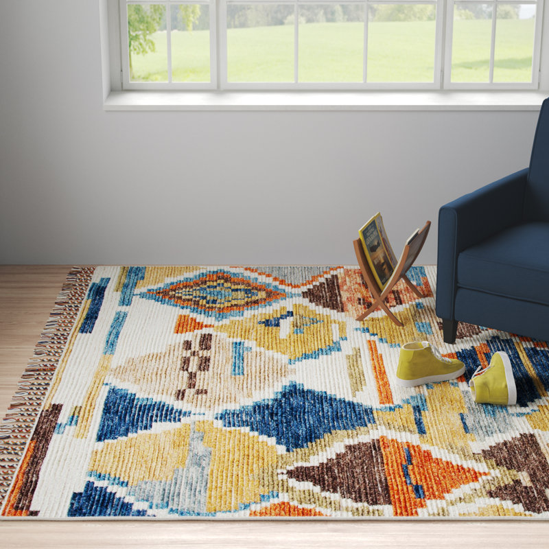 Tapis géométrique en laine / coton noué à la main Raeleigh, Rectangle de 5 pi x 8 pi
