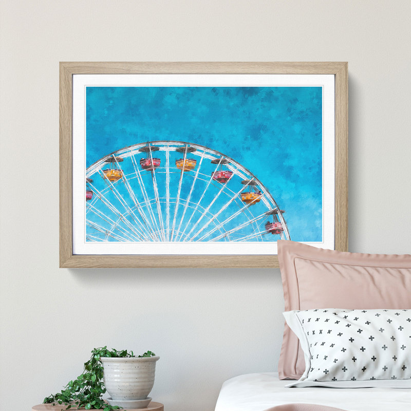 Santa Monica Pier Ferris Wheel - Picture Frame Painting Print, 24cm H x 33cm W x 2cm D, Oak Framed