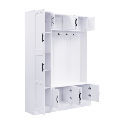Modern Hall Tree With Spacious Mdf Storage, Adjustable White Bench For Entryway