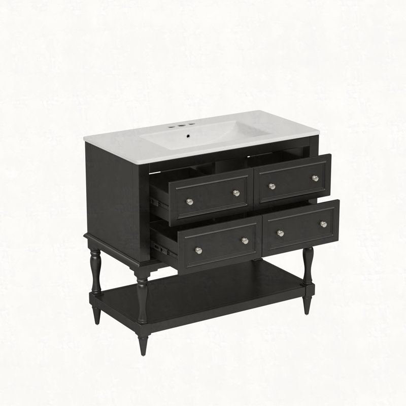 Ensemble de meuble-lavabo 36 po avec lavabo 36 po, lavabo en céramique encastré, ensemble de meuble-lavabo autoportant avec 4 tiroirs, armoire de salle de bain avec cadre en bois massif
