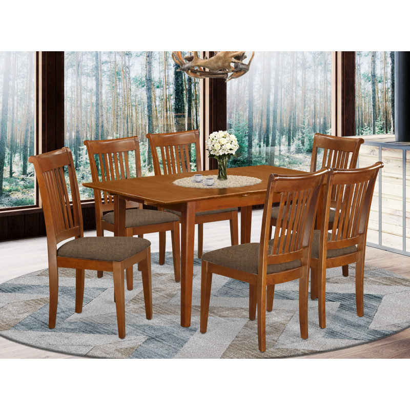 7 Piece Dinette Set Consist of a Rectangle Dining Room Table with Butterfly Leaf and 6 Linen Fabric Dining Chairs, Saddle Brown
