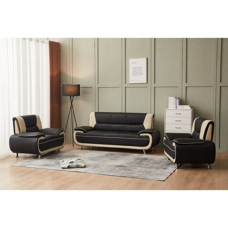 Ensemble de salon en similicuir 3 pièces Ehan, Beige / noir