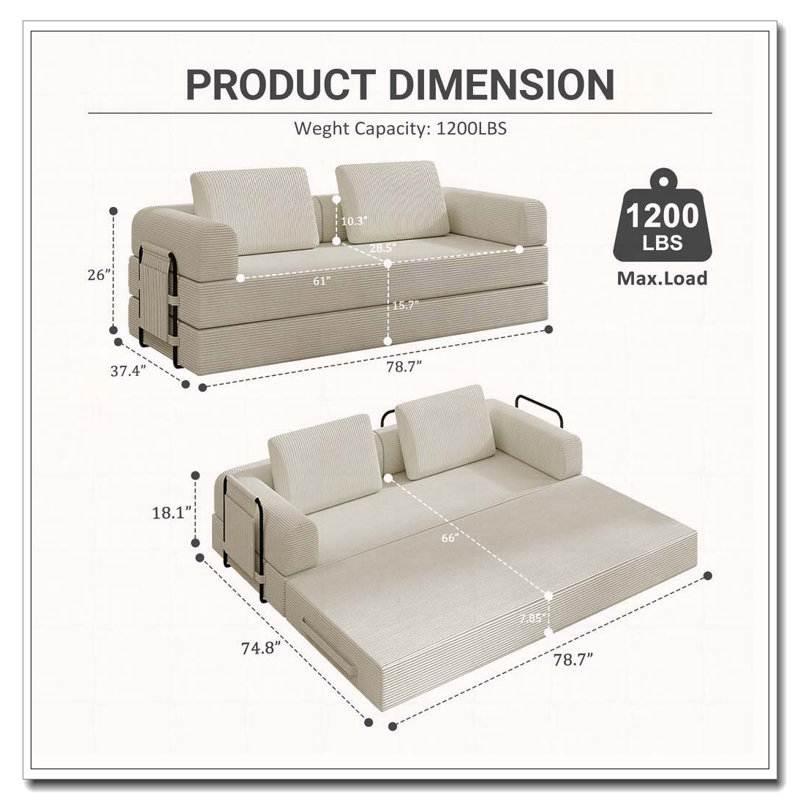 Corduroy Convertible Sleeper Sofa Bed with Cylindrical Pillow, Beige