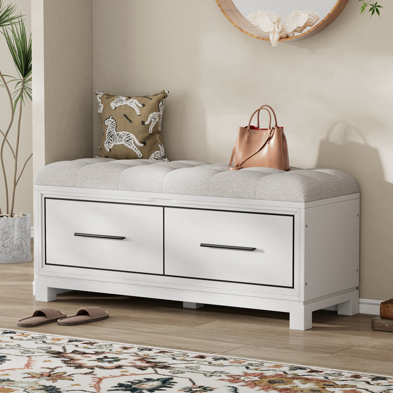 Shoe Bench With Removable Cushion, Entryway Bench With Hidden Storage, White