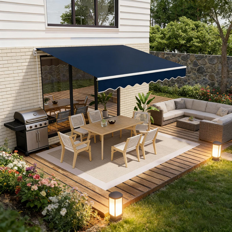 12x10FT Waterproof Patio Awning with Manual Crank for Garden, Deck, Navy, Solid Color