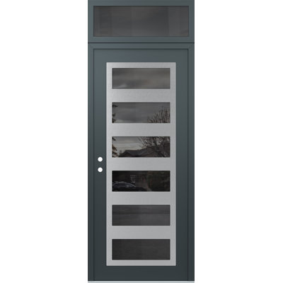 C9 Left-Hand 36 In. X 96 In. Panel Silver Steel Anthracite And Anthracite Frosted Glass With Transom Frosted Glass Prehung Front Entry Door